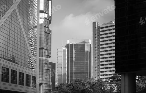Preview: Bottom Up View Of Modern Office Building In Hong Kong, Black And White Color