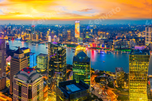 Preview: Aerial View Of Shanghai Skyline And Cityscape At Night,China.