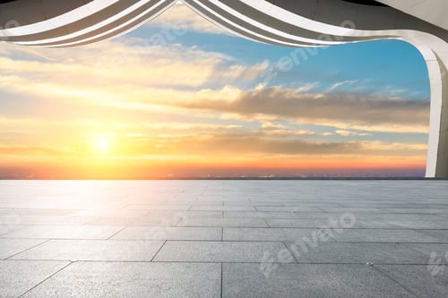 Preview: Empty Square Floor And Modern City Skyline With Beautiful Colorful Clouds At Sunset