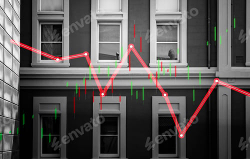 Preview: Index Graph Chart With Buildings Background Double Exposure. Financial Research Concept.