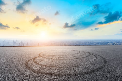 Preview: Shanghai City Skyline And Asphalt Race Track Ground At Sunrise,High Angle View