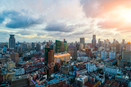 Preview: Aerial View Of Shanghai Skyline At Dusk,China.
