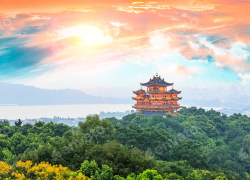Preview: Beautiful Hangzhou West Lake And Ancient Pavilion Architectural Scenery At Sunset