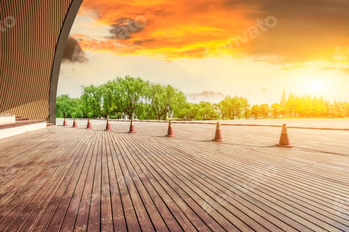 Preview: Wood Square Floor And Green Forest Natural Landscape At Sunset