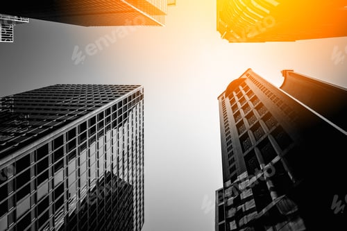 Preview: Bottom Up View Of Modern Office Building In Hong Kong With B&W Color