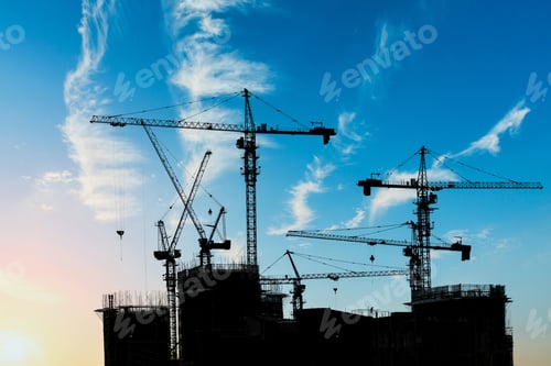 Preview: Beautiful Urban Construction Site Silhouettes At Sunset