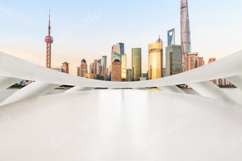 Preview: Empty Square Floor And Modern Cityscape At Sunset In Shanghai,China