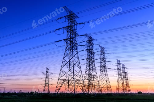 Preview: High Voltage Electricity Tower Sky Sunset Landscape,Industrial Background.