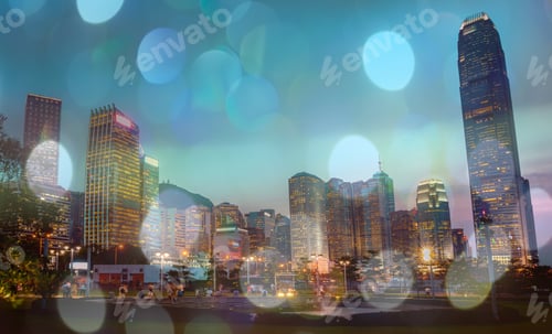 Preview: Hong Kong Harbor View At Night With Circle Bokeh