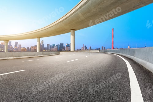 Preview: Empty Asphalt Road And Modern City Buildings With Bridge In Hangzhou At Night