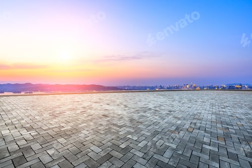 Preview: Empty Square Floor And Beautiful City Scenery With Mountain In Hangzhou