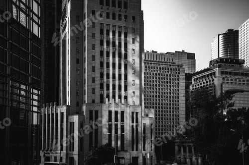 Preview: Bottom Up View Of Modern Office Building In Hong Kong With B&W Color