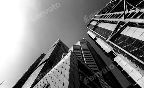 Preview: Bottom Up View Of Modern Office Building In Hong Kong, Black And White Color