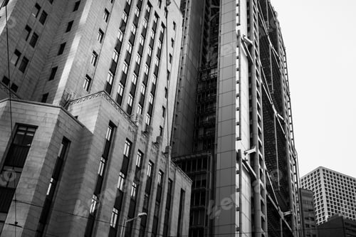 Preview: Bottom Up View Of Modern Office Building In Hong Kong With B&W Color