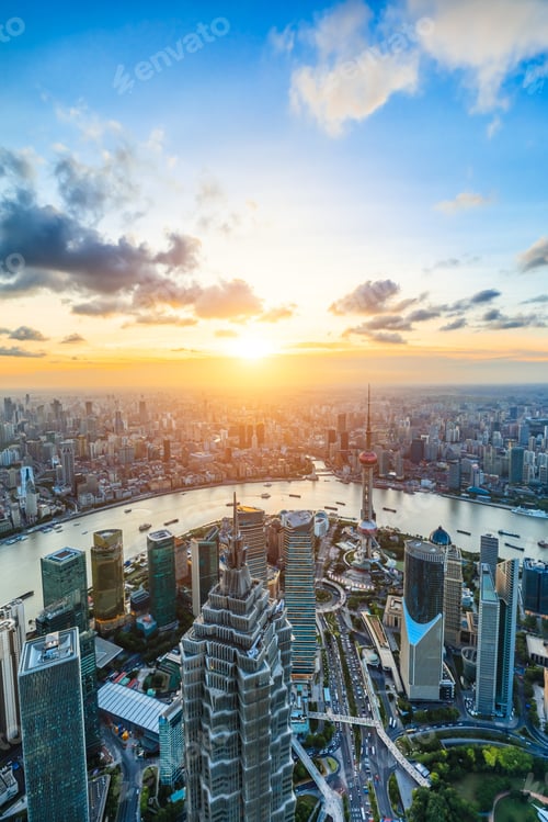 Preview: Aerial View Of Shanghai Skyline At Sunset,China.