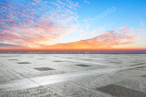 Preview: Empty Square Floor And Modern City Skyline With Beautiful Colorful Clouds At Sunset