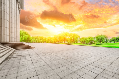 Preview: Empty Square Floor And Modern Urban Architecture At Sunset