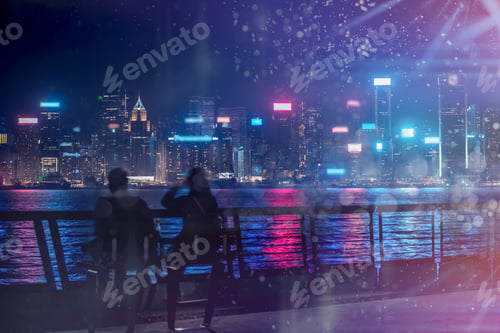 Preview: Abstract Colorful Bokeh With City Night Background. Double Exposure