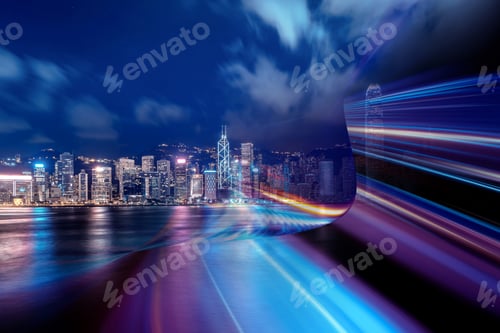 Preview: Light Trails Background With Hong Kong City Scraper. Double Exposure