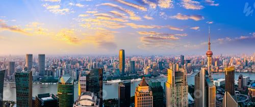 Preview: Aerial View Of Modern City Skyline And Buildings At Sunrise In Shanghai.