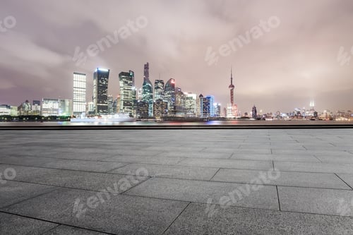 Preview: Empty Floor With Modern Skyline And Buildings At Night In Shanghai