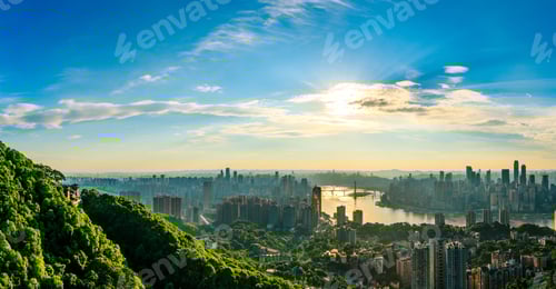 Visualização: Horizonte da cidade de Chongqing e paisagem arquitetônica ao pôr do sol, China.