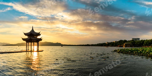 Preview: Hangzhou West Lake Jixian Pavilion At Sunset,Panoramic View