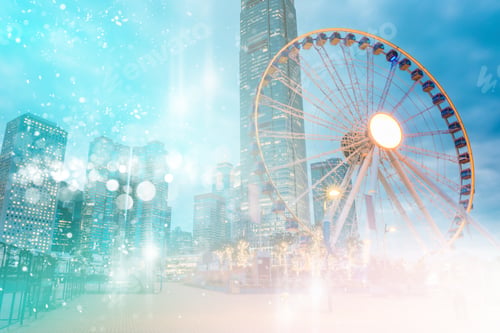 Preview: Abstract Colorful Circular Bokeh With City Background. Double Exposure