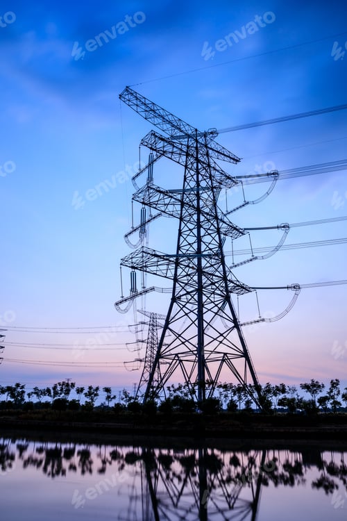 Preview: High Voltage Electricity Tower Sky Sunset Landscape,Industrial Background.