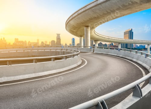 Preview: Empty Asphalt Road And Modern City Buildings In Shanghai At Sunset