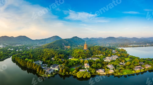 Preview: West Lake Leifeng Pagoda Scenery In Hangzhou At Sunrise,China.Aerial View.
