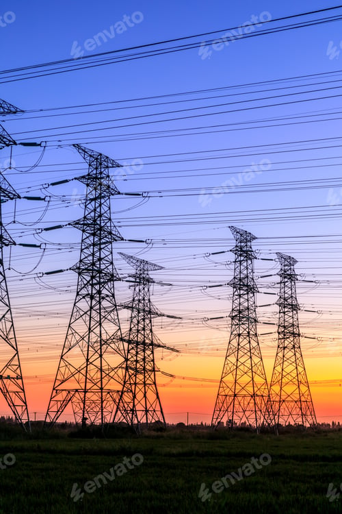Preview: High Voltage Electricity Tower Sky Sunset Landscape,Industrial Background.