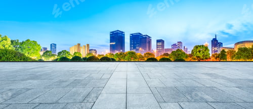 Preview: Empty Square Floor And City Skyline With Buildings In Shanghai At Night