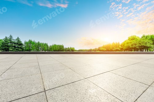 Preview: Empty Square Floor And Green Forest Natural Scenery At Sunset