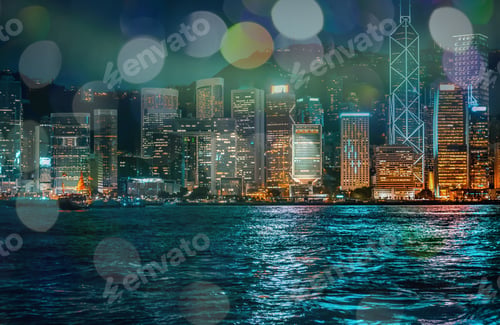 Preview: Hong Kong Harbor View At Night With Circle Bokeh