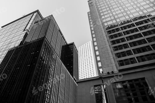Preview: Bottom Up View Of Modern Office Building In Hong Kong With B&W Color