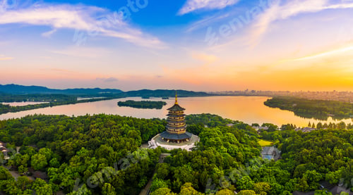 Preview: West Lake Leifeng Pagoda Scenery In Hangzhou At Sunrise,China.Aerial View.