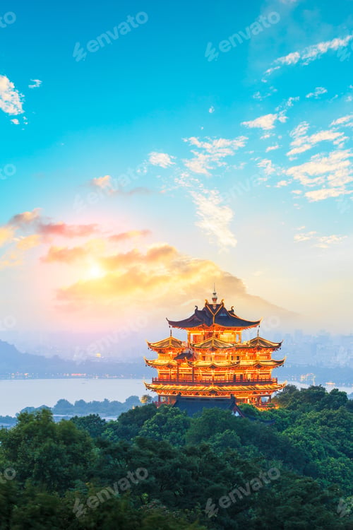 Preview: Beautiful Hangzhou West Lake And Ancient Pavilion Architectural Scenery At Sunset