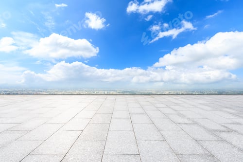 Preview: Empty Square Floor And Modern City Skyline With Beautiful Clouds
