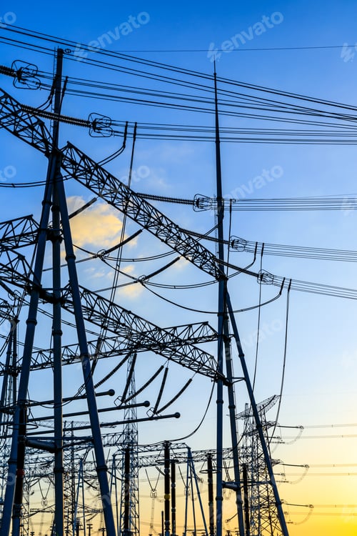 Preview: High Voltage Electricity Tower At Sunset.Substation Industrial Background.