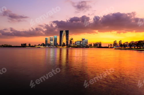 Preview: Suzhou City Skyline And Water Reflection At Night.