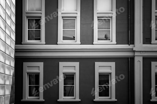 Preview: Commercial Building Close Up; Wellington Office Building With Black And White Syle