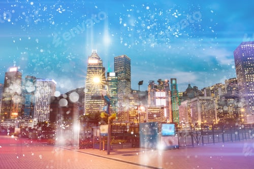 Preview: Abstract Colorful Circular Bokeh With City Background. Double Exposure