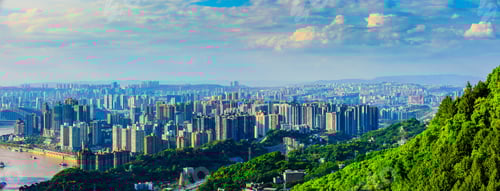 Visualização: Horizonte da cidade de Chongqing e paisagem arquitetônica ao pôr do sol, China.