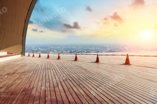 Preview: Panoramic Shanghai Skyline And Buildings With Empty Wooden Square Floor Platform