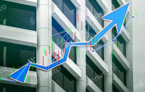 Preview: Index Graph Chart With Buildings Background Double Exposure. Financial Research Concept.