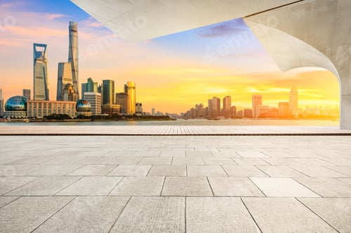 Preview: Empty Square Floor And Modern City Buildings In Shanghai At Dusk