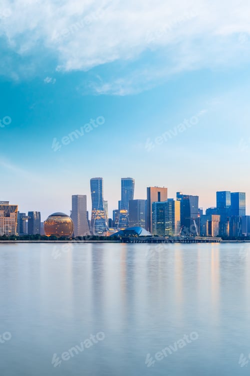 Preview: Hangzhou City Skyline And Architectural Reflections At Sunrise,China.