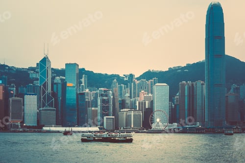 Preview: Hong Kong Victoria Harbor Night View With Junk Boat On Foreground