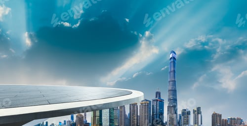 Preview: Shanghai Skyline And Modern City Skyscrapers With Empty Floor At Sunset,China